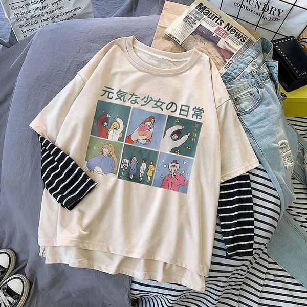 

fake two pieces t shirt streetwear woman cute japan long sleeve o neck women tees casual loose kawaii high street t, White