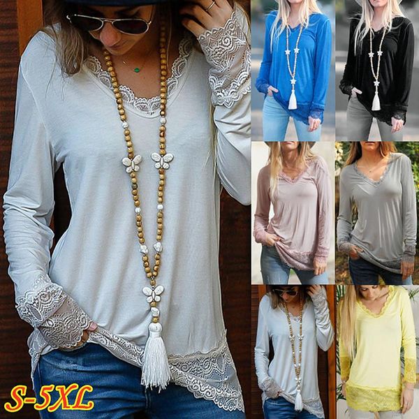 

women's t-shirt womens fashion autumn winter clothes casual v-neck lace solid color long sleeved shirts ladies cotton t-shirts loose p, White