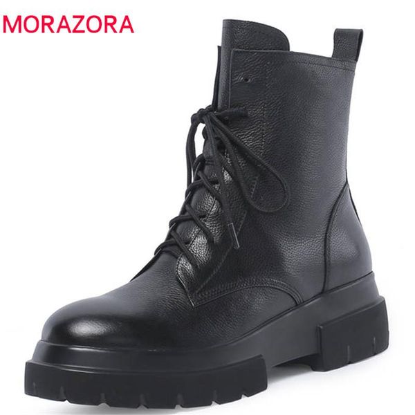 

boots morazora 2021 genuine leather ankle women round toe lace up autumn winter comfortable platform shoes, Black