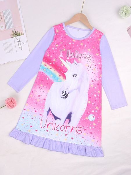

girls slogan & unicorn print ruffle hem dress she, Red;yellow