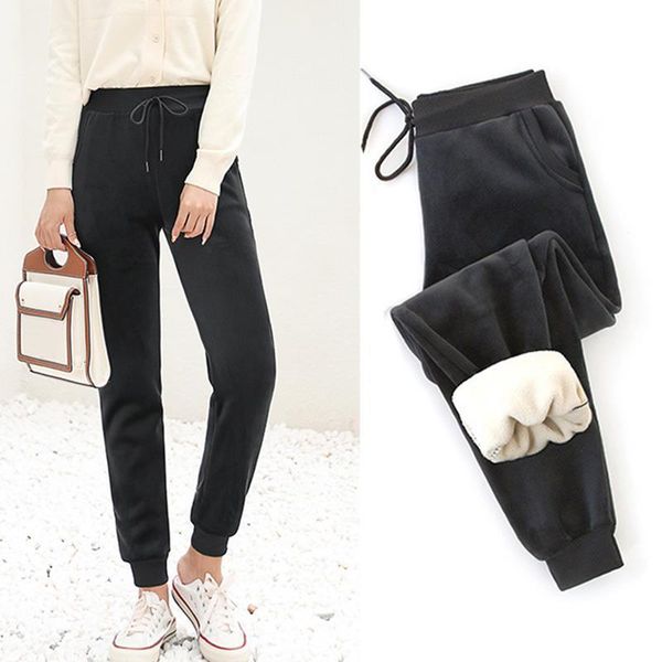 

winter sports pants women streetwear casual velvet warm soft sweatpants solid drawstring elastic waist joggers women yoga pants, Black;white
