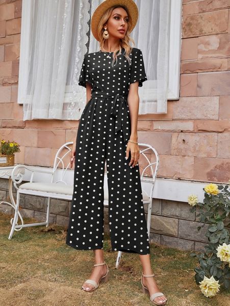 

polka dot butterfly sleeve wide leg belted jumpsuit d6fp#, White