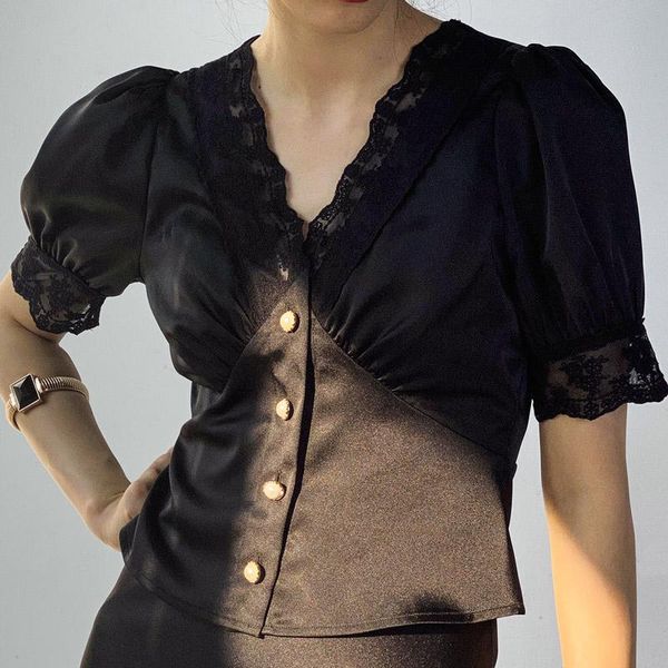 

women 2020 vintage fashion v-neck lace blouse satin button, White