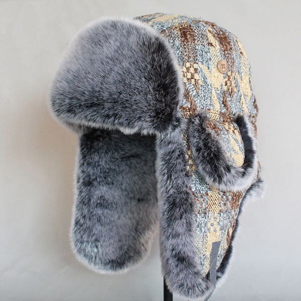 

winter ushanka snow cap from skin of the fake man-made trapper hat, Blue;gray
