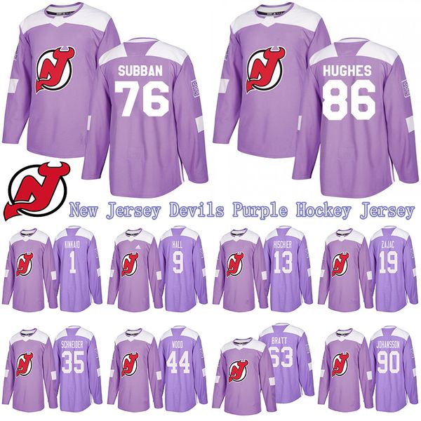 

new jersey devils purple fights cancer jersey 76 p.k. subban 86 jack hughes 13 nico hischier 35 cory schneider hockey jerseys, Black;red