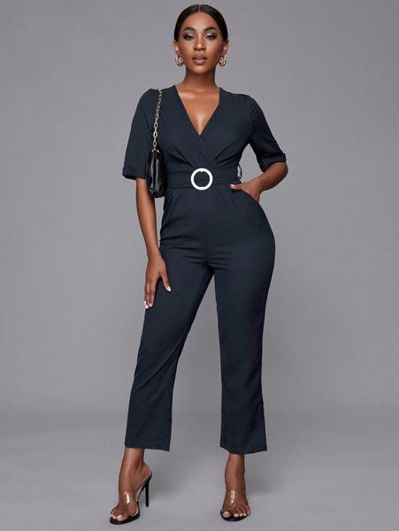 

sxy surplice neck belted slant pocket jumpsuit 564r#, White