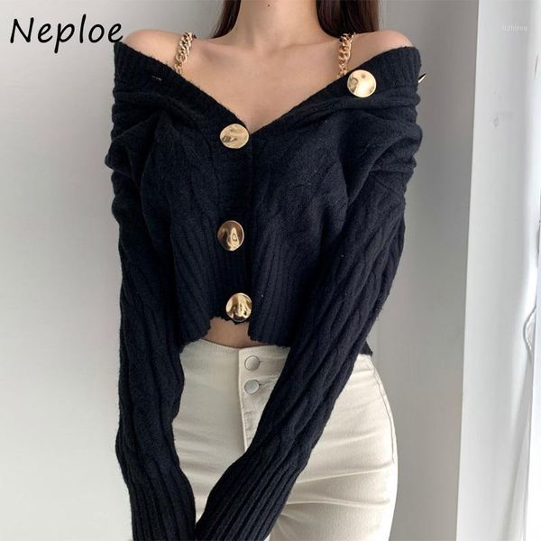 

neploe vintage exquisite button women cardigans v-neck chic chains design twist patchwork coat solid color knitted sweaters1, White