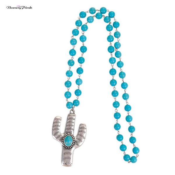 

pendant necklaces banny pink hope big cactus necklace for women bohemia round stone beads statement long ethnic sweater chain, Silver