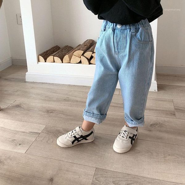 

children's one button jeans fashion boys' and girls' spring pants korean casual dad pants 2020 spring new1, Blue