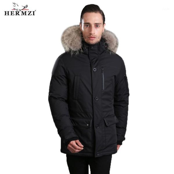 

hermzi 2018 down jacket men winter parka hombre winter down coat thick mens parkas black 80% duck raccoon fur