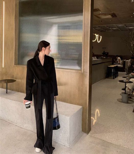 

aced short lace up suit women's korean autumn winter loose waist et, White;black