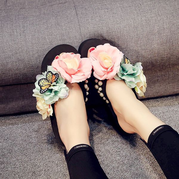 

6 cm high heel women fashion summer beach slipper female handmade butterfly flowers flip-flops non-slip slippers shoes, Black
