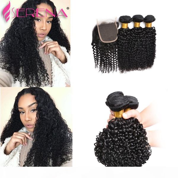 

9a brazilian virgin hair 4pcs lot indian kinky curly human hair weave 3 bundles with lace closure hair piece 30 inch weaves closure, Black;brown