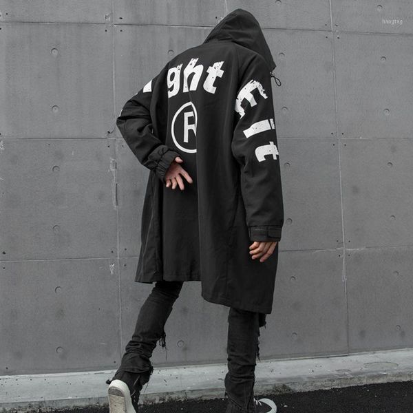

men autumn winter loose casual print hooded trench coat male streetwear hip hop gothic long windberaker overcoat jacket1, Tan;black