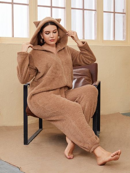 

plus zipper placket hooded flannel sleep onesie with ears t9qz#, Black;white