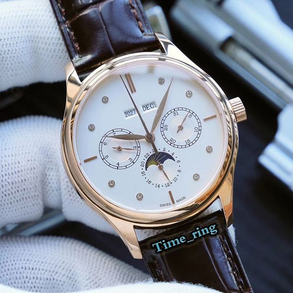 

edition 5146j-001 moon phase dial rose gold steel case 29-535 upgraded mechanical movement mens watch leather strap designer watches, Slivery;brown