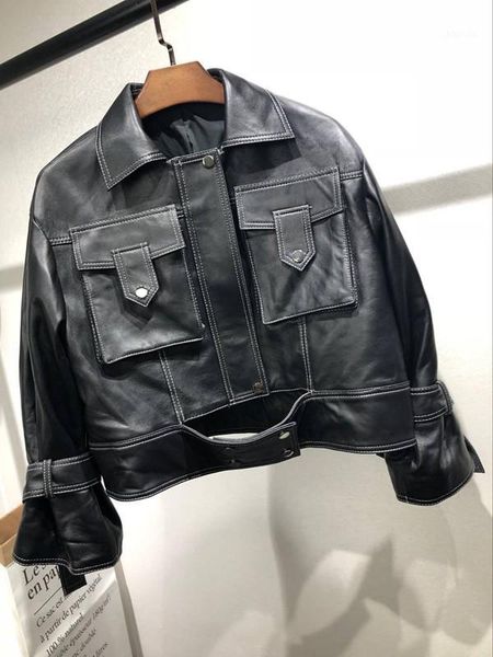 

yrladies,fw new style , genuine sheepskin leather ,loose ,casual , women leather short jacket, coat, ,sales1, Black