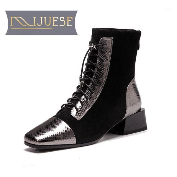 

boots mljuese 2021 women ankle cow leather winter short plush square toe zipper gingham med heels female size 421, Black