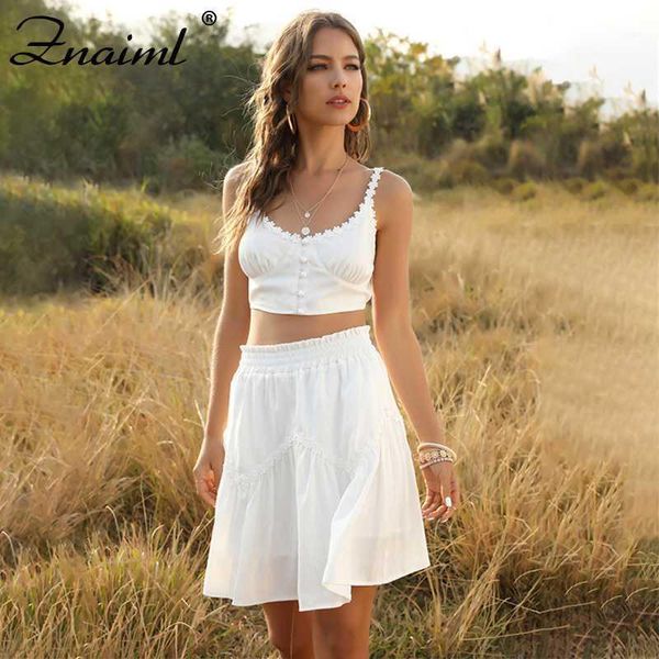 

fashion womensummer white two-piece set strapless backless camis pleated skirt casual high waist skirts holiday set1