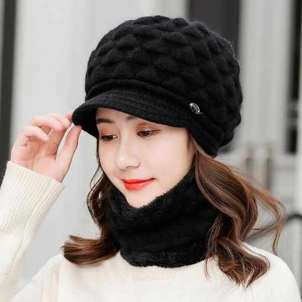 

berets 2021 woolen knitted beret hat and scarf women casual streetwear cap elegant solid autumn winter warm female, Blue;gray