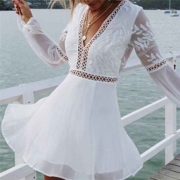

summer white lace dress women fashion casual v-neck long sleeve trim short mini dresses vestido sundress1, Black;gray