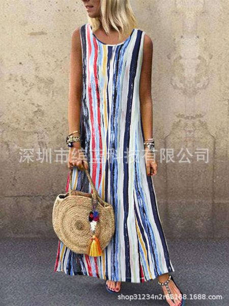 

rainbow linen 2019 cotton vertical stripe sleeveless vest dress, Black;gray