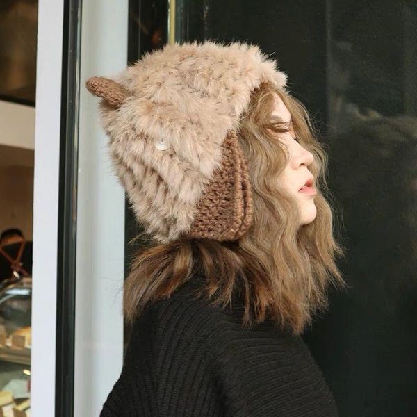 

beanie/skull caps knitted fur ear beanie hat for women winter skullies warm wool cap gorros female cat ears straw bonnet, Blue;gray