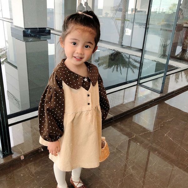 

two children's drs piece 2021 spring korean girls' polka dot shirt baby corduroy skirt set, Red;yellow