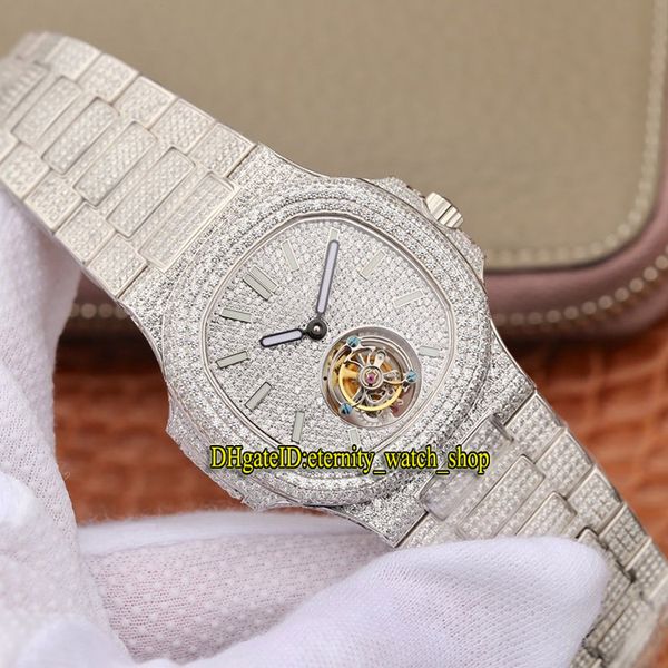 

r8 version 5719/10g-010 fully paved with diamonds dial real tourbillon mechanical hand-winding 5711 mens watch luxury design, Slivery;brown