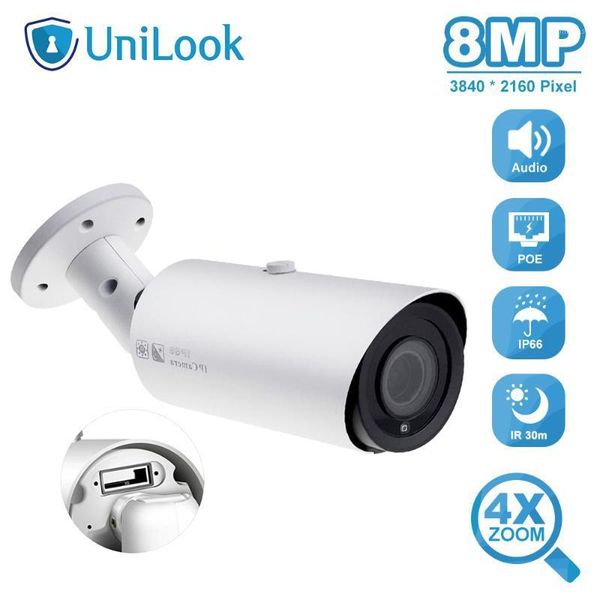 

unilook 8mp poe ip camera 4x zoom slot audio output weatherproof ir 30m outdoor security camera onvif h.2651