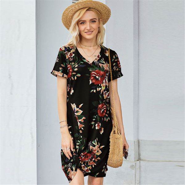

2021 new summer new leaf leopard flower sleeve neckline tied retro loose print short skirt woman 13wt, Black;gray