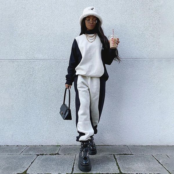 

women's tracksuits 2pcs color matching jogging suit set long-sleeved round neck hoodie + loose sports trousers 2021 street wear, Gray