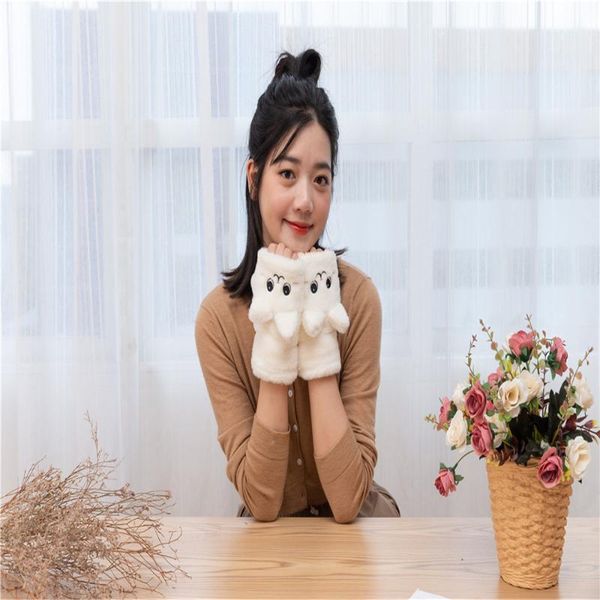 

plush flip ladies gloves winter cute long-eared cat thick warm cold half finger female gloves outdoor soft comfortable, Blue;gray