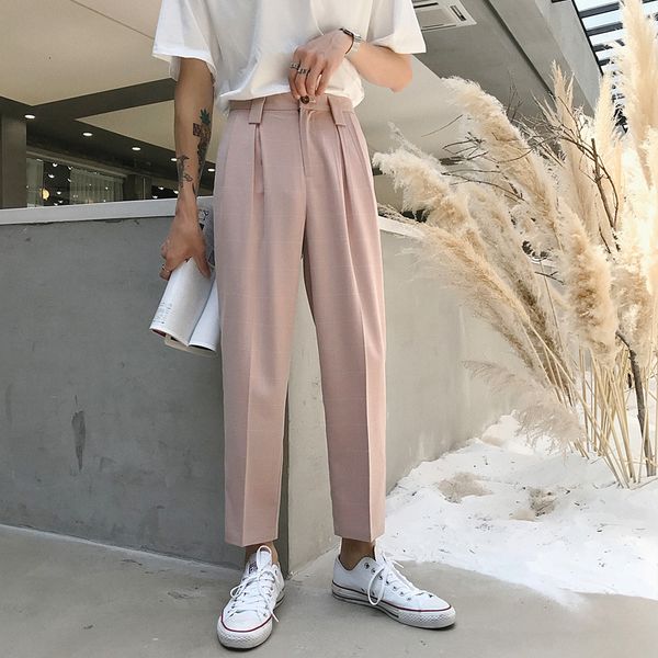 

2021 new men black gray pink fashion casual plaid suit pant male streetwear hip hop straight pants loose harem trousers zsnt