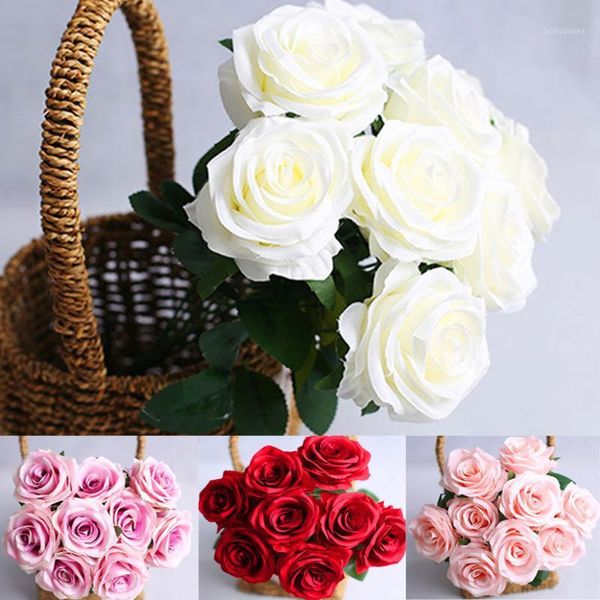 

quality 9 head artificial rose flowers wedding bouquet white pink royal rose silk flowers home decoration wedding party decor1