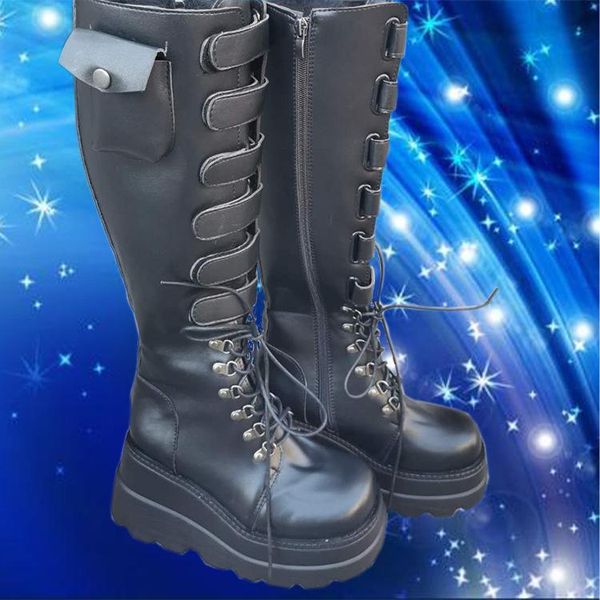 

women's over knee boots lace up wedge heel platform black shoes round toe b171