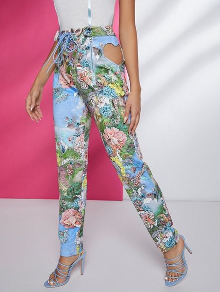 

x ji yeon lee floral print heart cutout lace-up pants p7gg#, Black;white