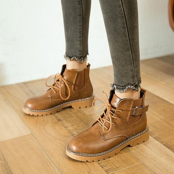

boots 2021 fashion lace up ankle plus size leather autumn winter women square low heels platform buckle casual shoes, Black