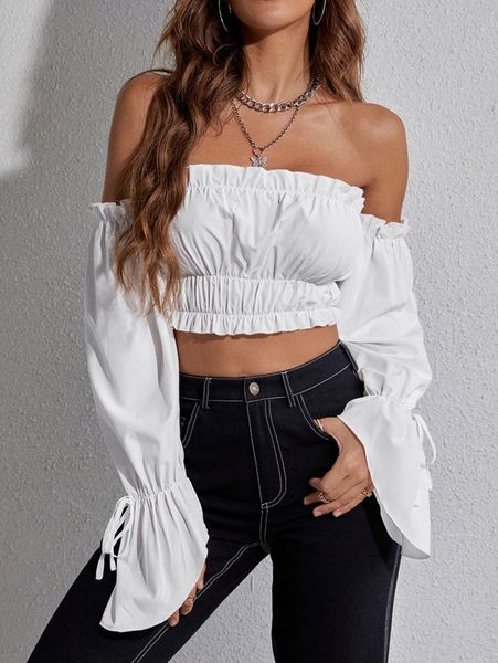 

off shoulder ruffle trim crop x5be#, White