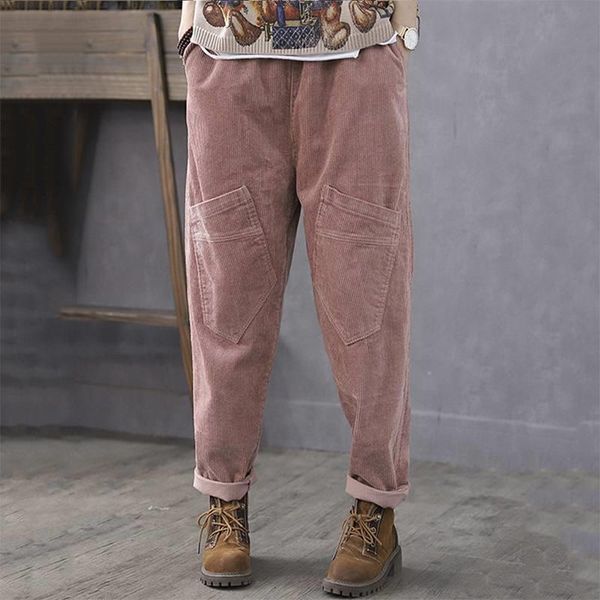 

vintage elastic waist corduroy pants plus size women solid harem pants loose casual trousers female solid pantalon turnip, Black;white