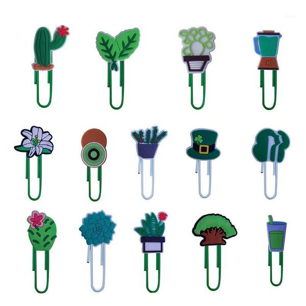 Bookmark 14 pcs PVC Bookmarks bonitos Cactus folha de vaso de vaso Juicer lírio kiwi chapéu suculenta árvore clipes de papel titular material material de escritório