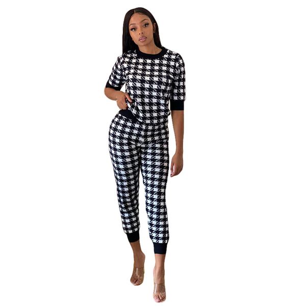 

k9707 2020 autumn new short sleeve trousers suit womens printed plaid casual sports two-piece set, White