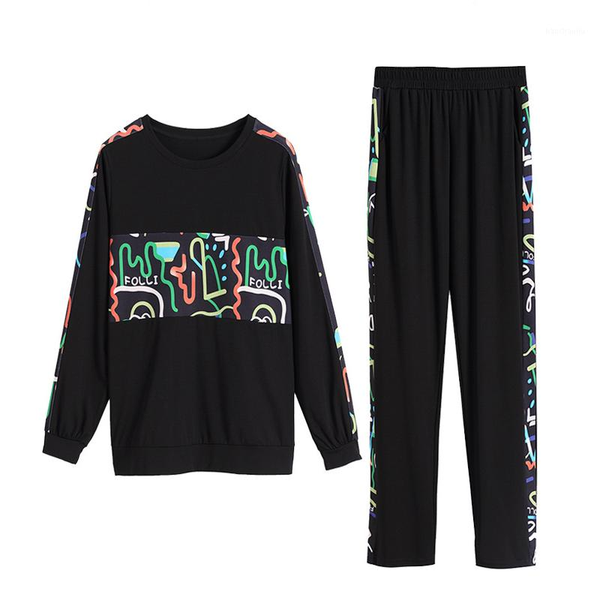 

running sets women's black leisure sports cycling 2-piece fashion graffiti outdoor clothing tennis elastic loose sweatshirt for women1, Black;blue