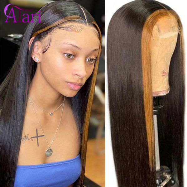

lace wigs 30 inch hd transparent 100% virgin human hair brazilian straight front wig highlight ombre for black women, Black;brown