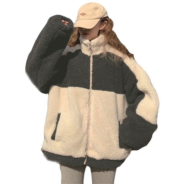 

zuolunouba winter new lambswool splicing zipper women coat thick casual stand loose pocket wool liner female sweatshirt 201216, Black
