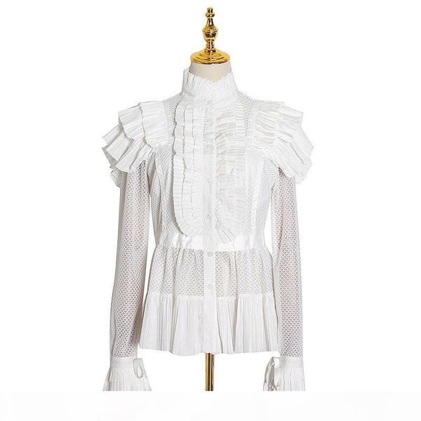 

australian fashion temperament vacation high neck ruffled mesh and waist shirt, White
