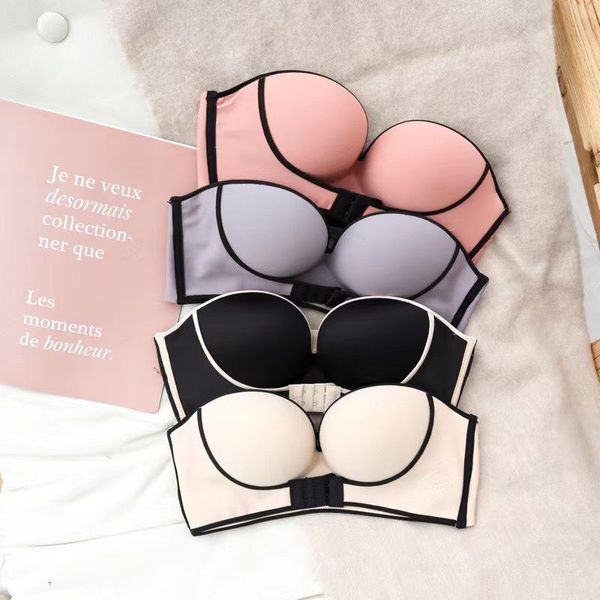 

bras invisible strapless front buckle lift bra seamless women bralette push up lingerie backless brassiere underwear, Red;black