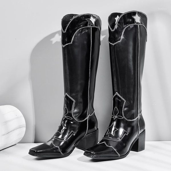 

western cowboy womans boots for women pointy toe cowgirl boots square heels knee high retro women shoes black boot1