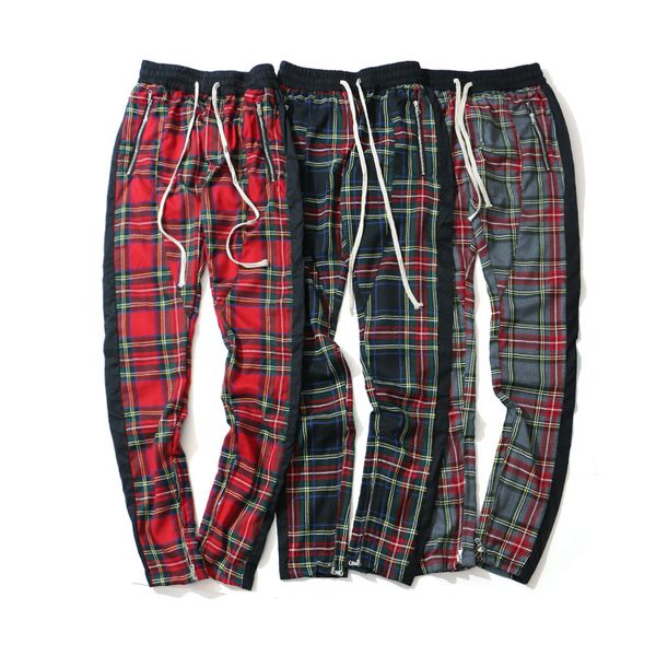 

new mens plaid pants scottish pattern printed casual cargo pants fashion male high street trousers ing, Black