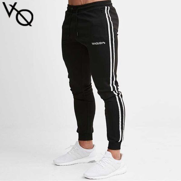 

muscle fitness brother suit pants autumn and winter slim sports running sports striped pants drawstring joggers sweatpants designer, Black